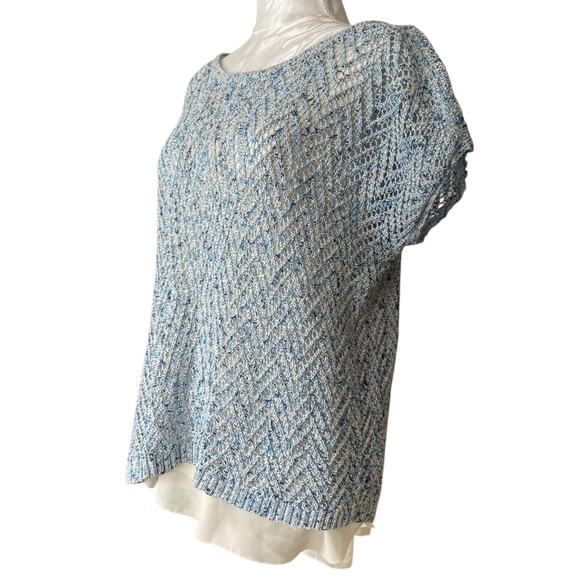 Lucky Brand Blue White Open Knit Scoop Neck Boho Knit Sweater Shirt Size Medium - Picture 16 of 16